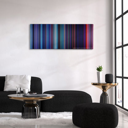 Pocahontas color palette canvas above a black sofa with a gold-topped table