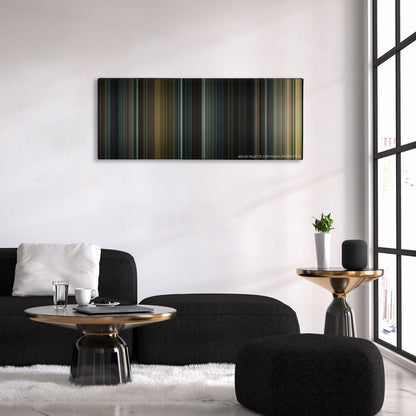 Se7en color palette canvas above a black sofa with a gold-topped table