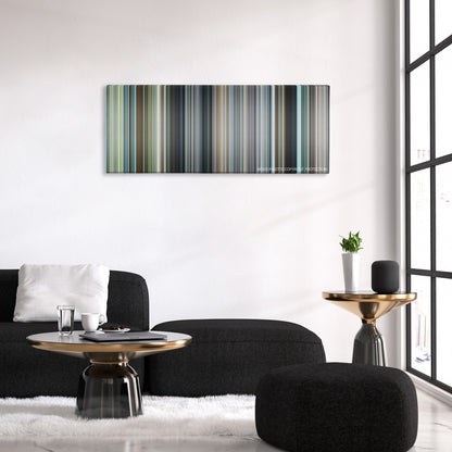 Matchstick Men color palette canvas above a black sofa with a gold-topped table