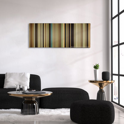 The Magnificent Seven color palette canvas above a black sofa with a gold-topped table