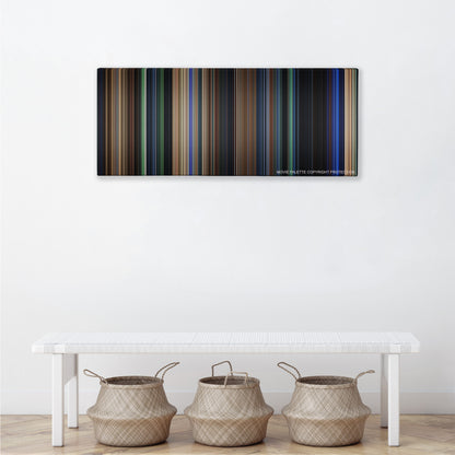 Daredevil color palette canvas above a white bench with three woven baskets