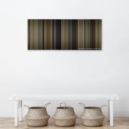The Heat color palette canvas above a white bench with three woven baskets