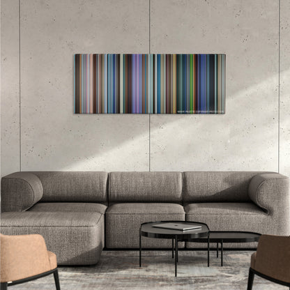 The Amazing Spider-Man 2 color palette canvas on a concrete wall above a gray sectional sofa