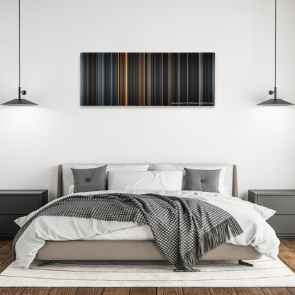 8MM color palette canvas above a bed, between two black pendant lamps