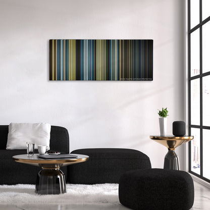 Assassin's Creed color palette canvas above a black sofa with a gold-topped table