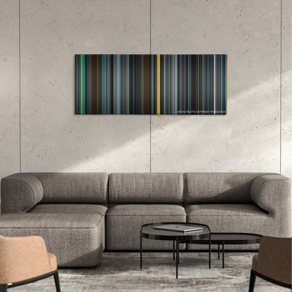 Max Payne color palette canvas on a concrete wall above a gray sectional sofa