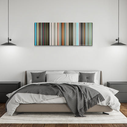 The Hitchhiker's Guide to the Galaxy color palette canvas above a bed, between two black pendant lamps