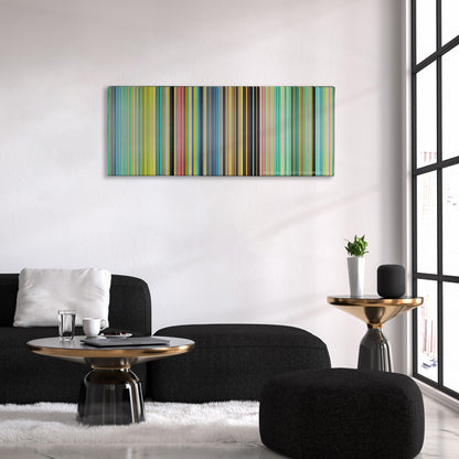 Ponyo color palette canvas above a black sofa with a gold-topped table