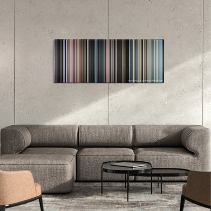Papillon color palette canvas on a concrete wall above a gray sectional sofa