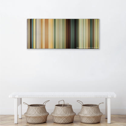 The Impossible color palette canvas above a white bench with three woven baskets