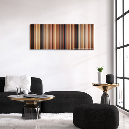 Life as We Know It color palette canvas above a black sofa with a gold-topped table