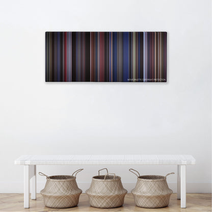 Man on the Moon color palette canvas above a white bench with three woven baskets