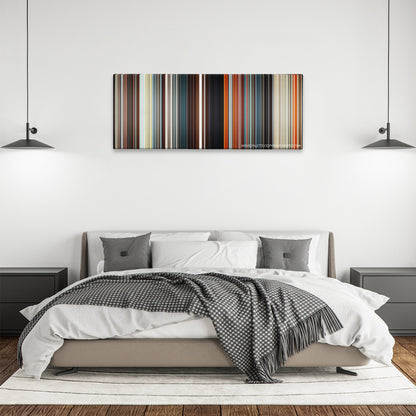AEon Flux color palette canvas above a bed, between two black pendant lamps