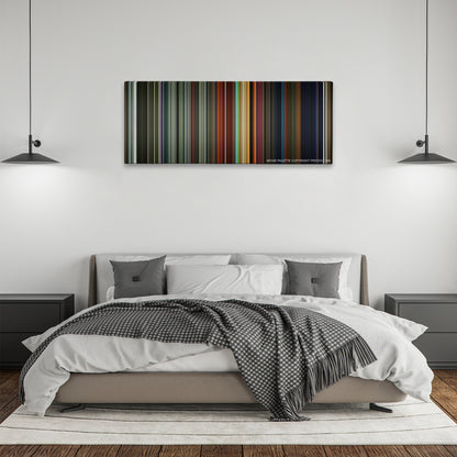 Ad Astra color palette canvas above a bed, between two black pendant lamps