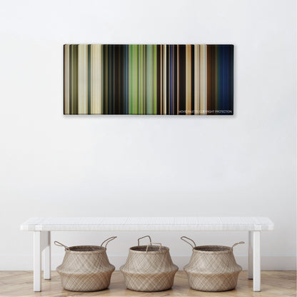 The Ballad of Buster Scruggs color palette canvas above a white bench with three woven baskets