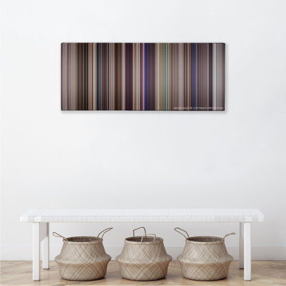 The Girl Next Door color palette canvas above a white bench with three woven baskets
