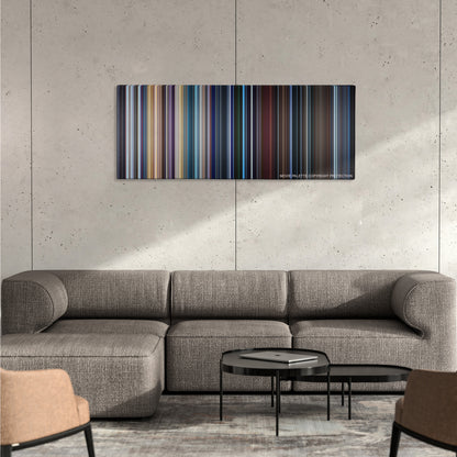 Valerian and the City of a Thousand Planets color palette canvas on a concrete wall above a gray sectional sofa