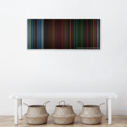 The Descent color palette canvas above a white bench with three woven baskets
