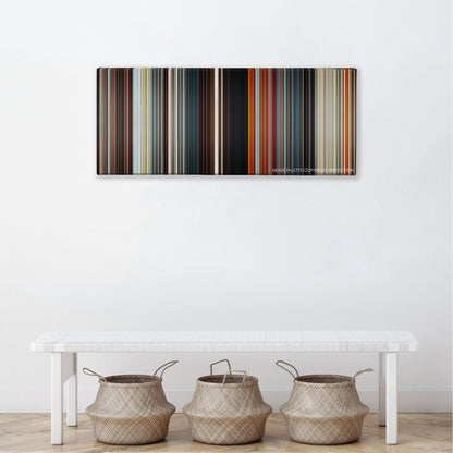 AEon Flux color palette canvas above a white bench with three woven baskets