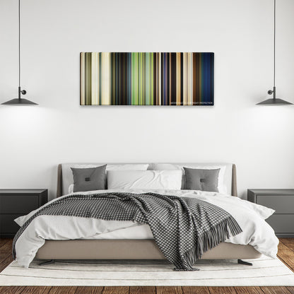 The Ballad of Buster Scruggs color palette canvas above a bed, between two black pendant lamps