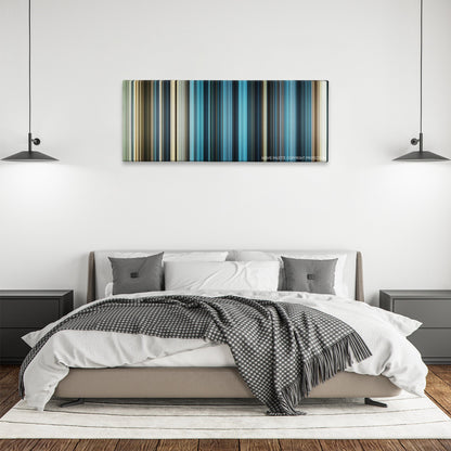 Killer Elite color palette canvas above a bed, between two black pendant lamps