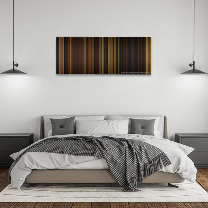 The Illusionist color palette canvas above a bed, between two black pendant lamps
