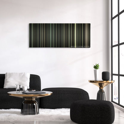 J. Edgar color palette canvas above a black sofa with a gold-topped table