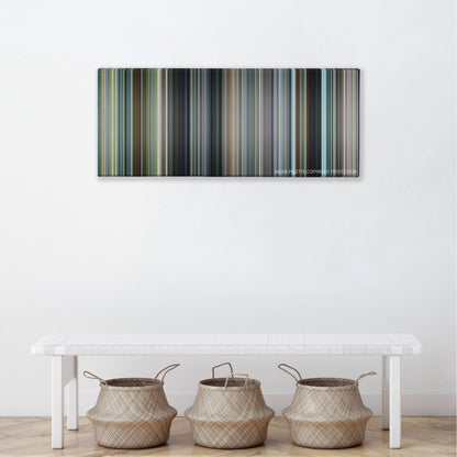 Matchstick Men color palette canvas above a white bench with three woven baskets