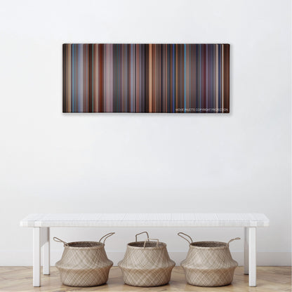 Hollow Man color palette canvas above a white bench with three woven baskets