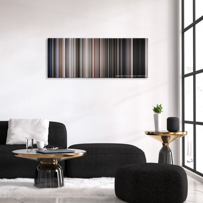 Escape from Alcatraz color palette canvas above a black sofa with a gold-topped table