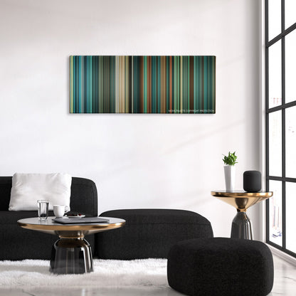 Daybreakers color palette canvas above a black sofa with a gold-topped table