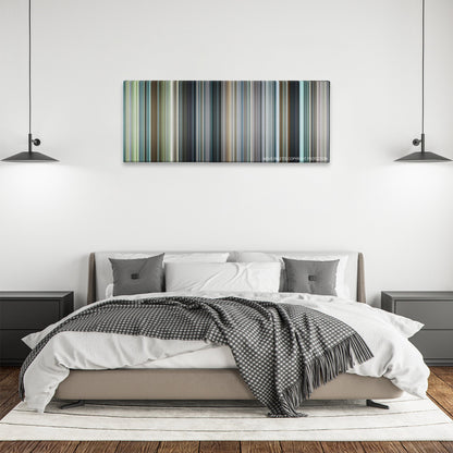 Matchstick Men color palette canvas above a bed, between two black pendant lamps