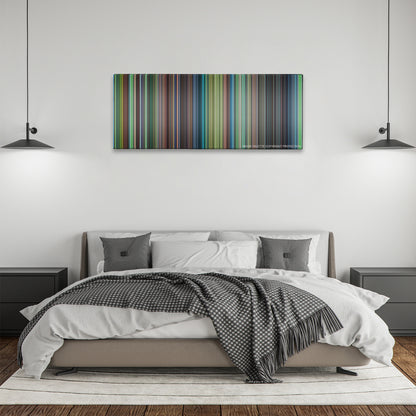 Princess Mononoke color palette canvas above a bed, between two black pendant lamps
