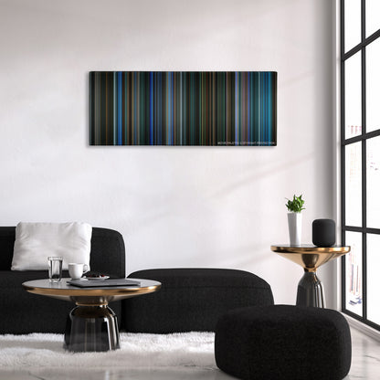 Watchmen color palette canvas above a black sofa with a gold-topped table