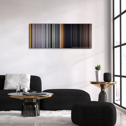The Texas Chain Saw Massacre color palette canvas above a black sofa with a gold-topped table