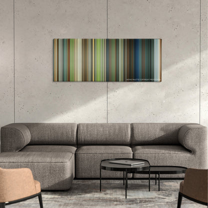 Johnny English Reborn color palette canvas on a concrete wall above a gray sectional sofa