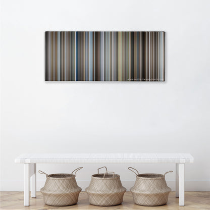 The Pursuit of Happyness color palette canvas above a white bench with three woven baskets