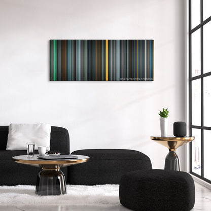 Max Payne color palette canvas above a black sofa with a gold-topped table