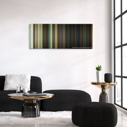 Halloween color palette canvas above a black sofa with a gold-topped table