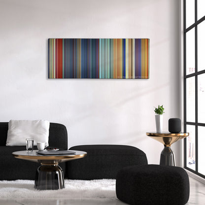 The Emperor's New Groove color palette canvas above a black sofa with a gold-topped table
