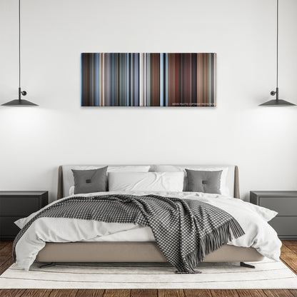 About Schmidt color palette canvas above a bed, between two black pendant lamps