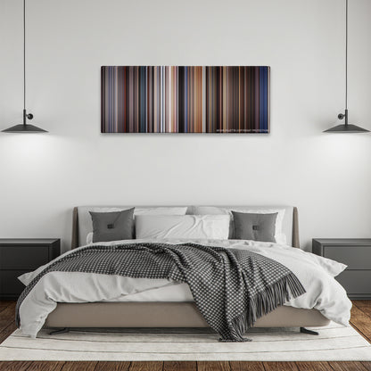 Highlander color palette canvas above a bed, between two black pendant lamps
