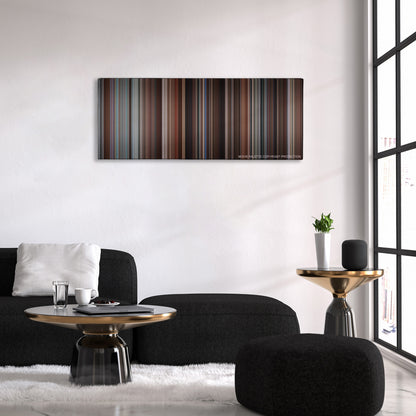Love & Other Drugs color palette canvas above a black sofa with a gold-topped table