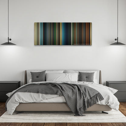 Maleficent color palette canvas above a bed, between two black pendant lamps