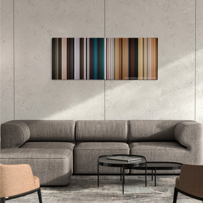 The Chronicles of Narnia: The Lion, the Witch and the Wardrobe color palette canvas on a concrete wall above a gray sectional sofa