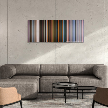 Spider-Man: Far from Home color palette canvas on a concrete wall above a gray sectional sofa