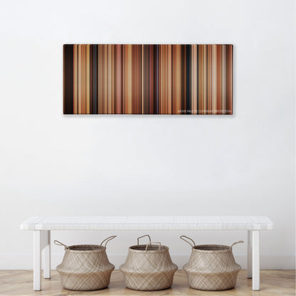 Life as We Know It color palette canvas above a white bench with three woven baskets