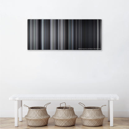 The Babadook color palette canvas above a white bench with three woven baskets