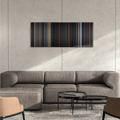 Iron Man 3 color palette canvas on a concrete wall above a gray sectional sofa