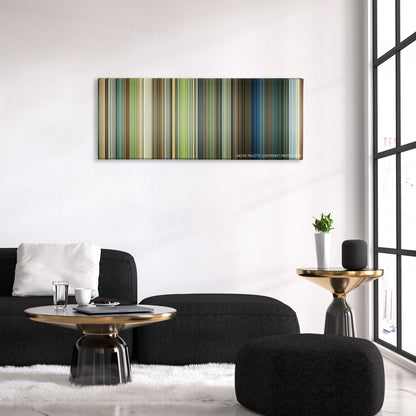 Johnny English Reborn color palette canvas above a black sofa with a gold-topped table